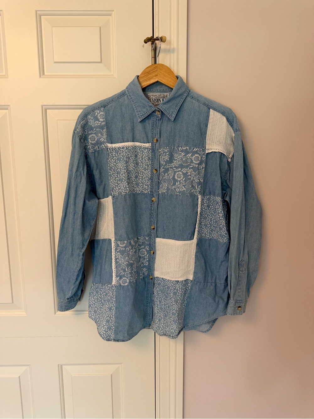 Light Blue Patchwork Button-Up Denim Shirt - Vintage